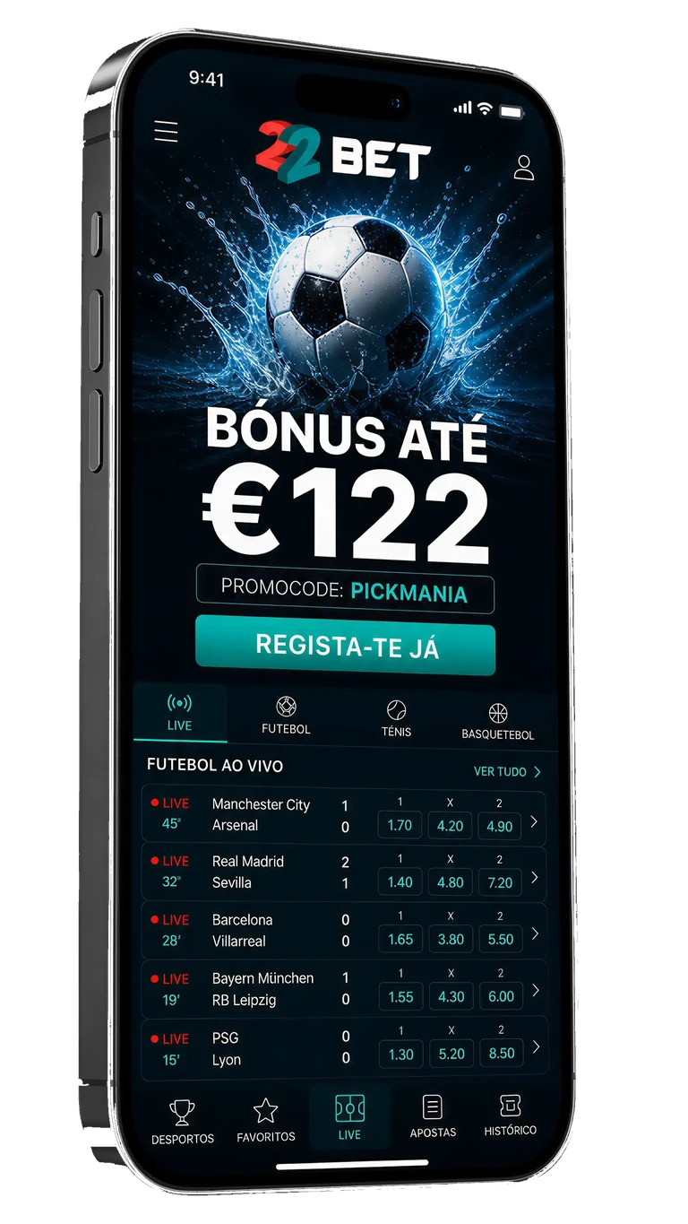 App móvel 22Bet em iPhone com bónus de €122 e código PICKMANIA