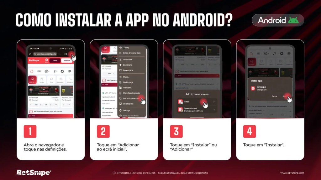 Guia passo a passo para instalar a Betsnipe no Android, adicionar ao ecrã inicial