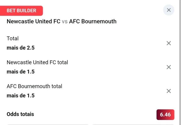 Exemplo de Bet Builder na Betsnipe: Newcastle vs Bournemouth com odds totais 6.46