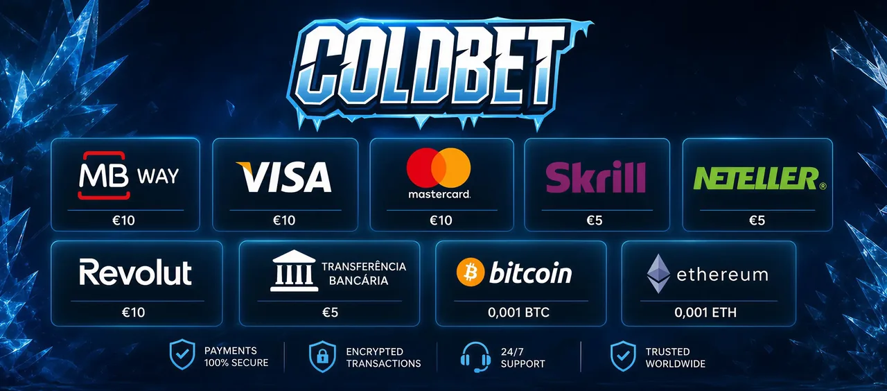 Métodos de pagamento Coldbet: MB Way, Visa, Mastercard, Skrill, Neteller, Bitcoin e Ethereum