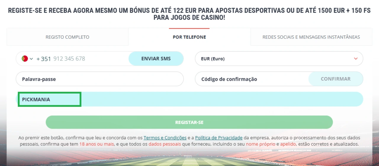 Como criar conta na 22Bet: ecrã de registo na casa de apostas 22Bet Portugal