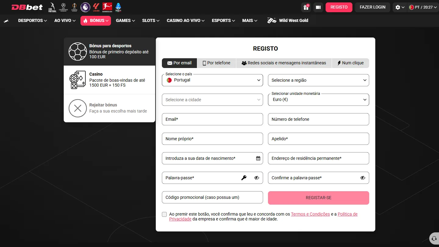 Formulário de registo da DB Bet, em português, com escolha de país e moeda