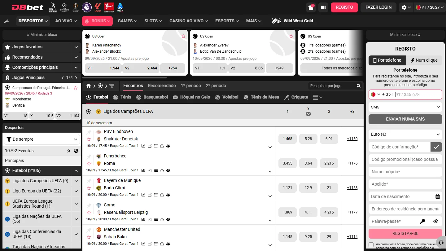 Mercados de futebol na DB Bet, com 1X2, dupla hipótese e totais de golos