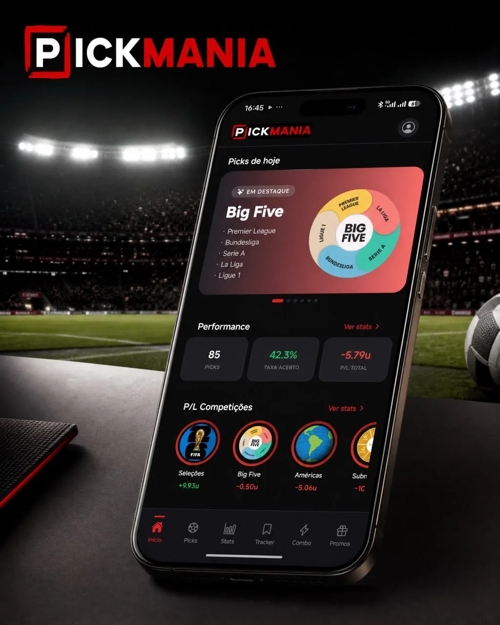 App Pickmania aberta no ecrã Início, com as picks Big Five em destaque e estatísticas de performance