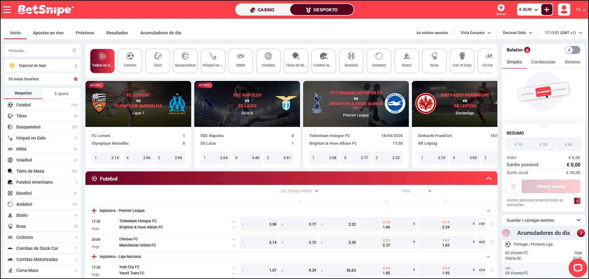 Interface Betsnipe: casa de apostas desportivas online em Portugal