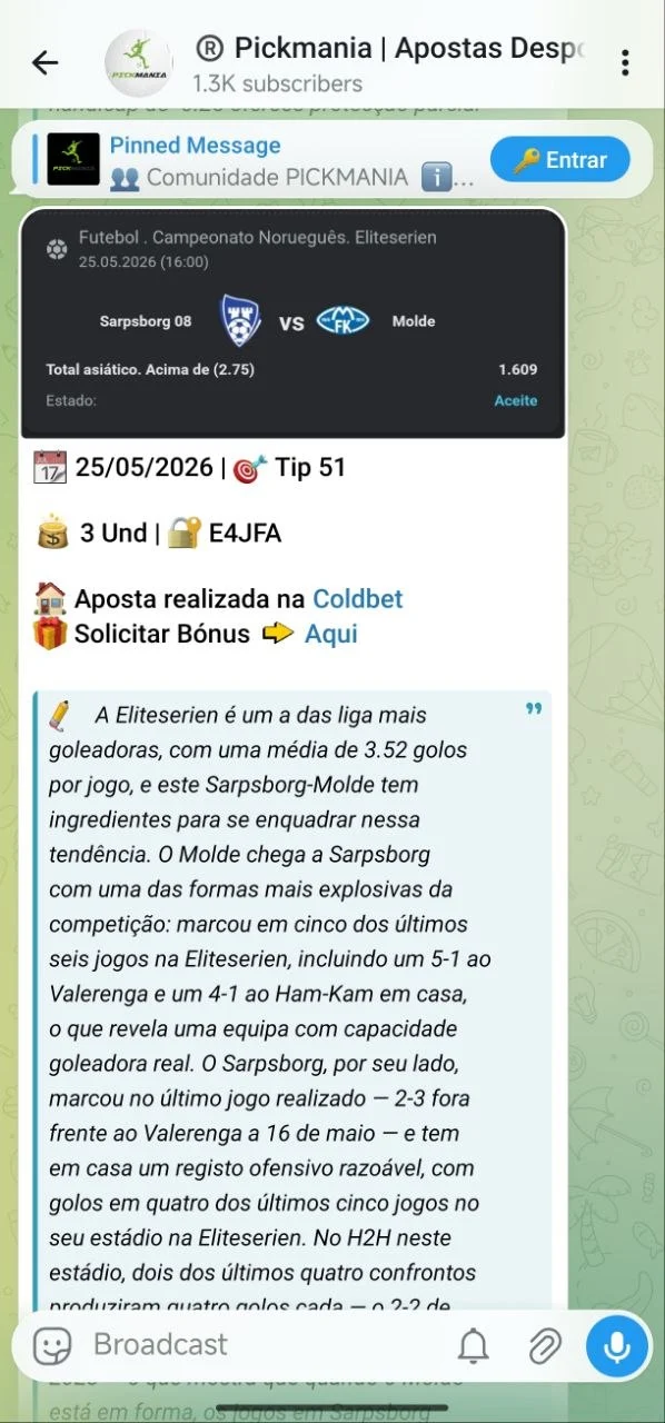 Canal Pickmania no Telegram: apostas desportivas desde 2016