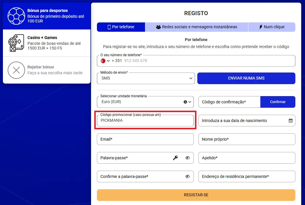 Registo Paripesa: ecrã de criação de conta na casa de apostas Paripesa