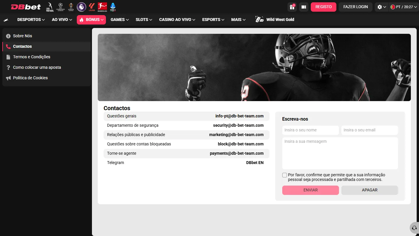 Página de contactos da DB Bet, com emails por departamento e formulário